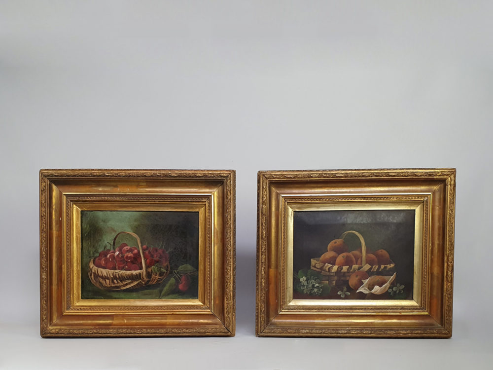 Pair of Victorian antique Still Life oil Paintings of Strawberries and Oranges 