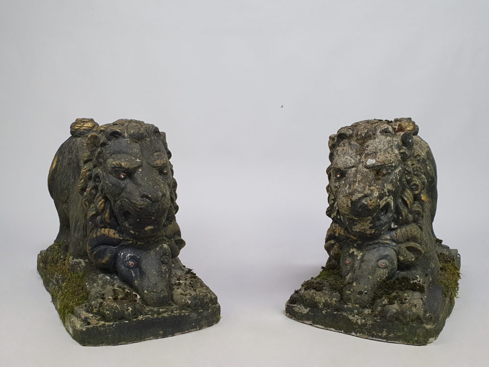 Pair of antique garden Lions with Rams Heads