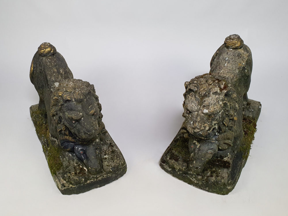 Pair of antique garden Lions with Rams Heads