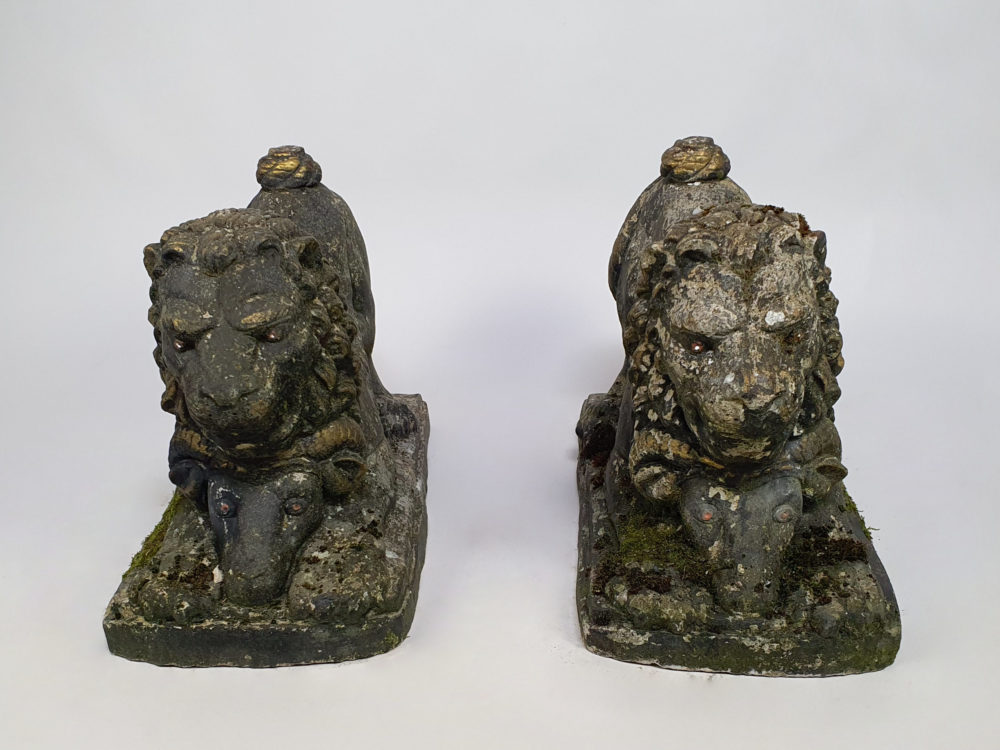 Pair of antique garden Lions with Rams Heads