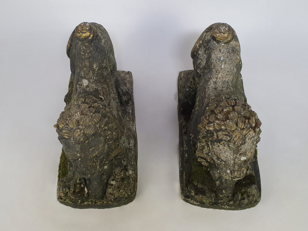 Pair of antique garden Lions with Rams Heads
