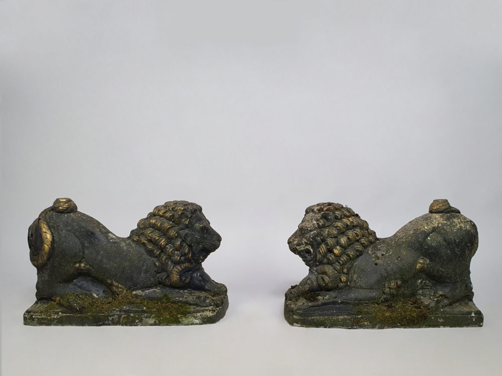 Pair of antique garden Lions with Rams Heads