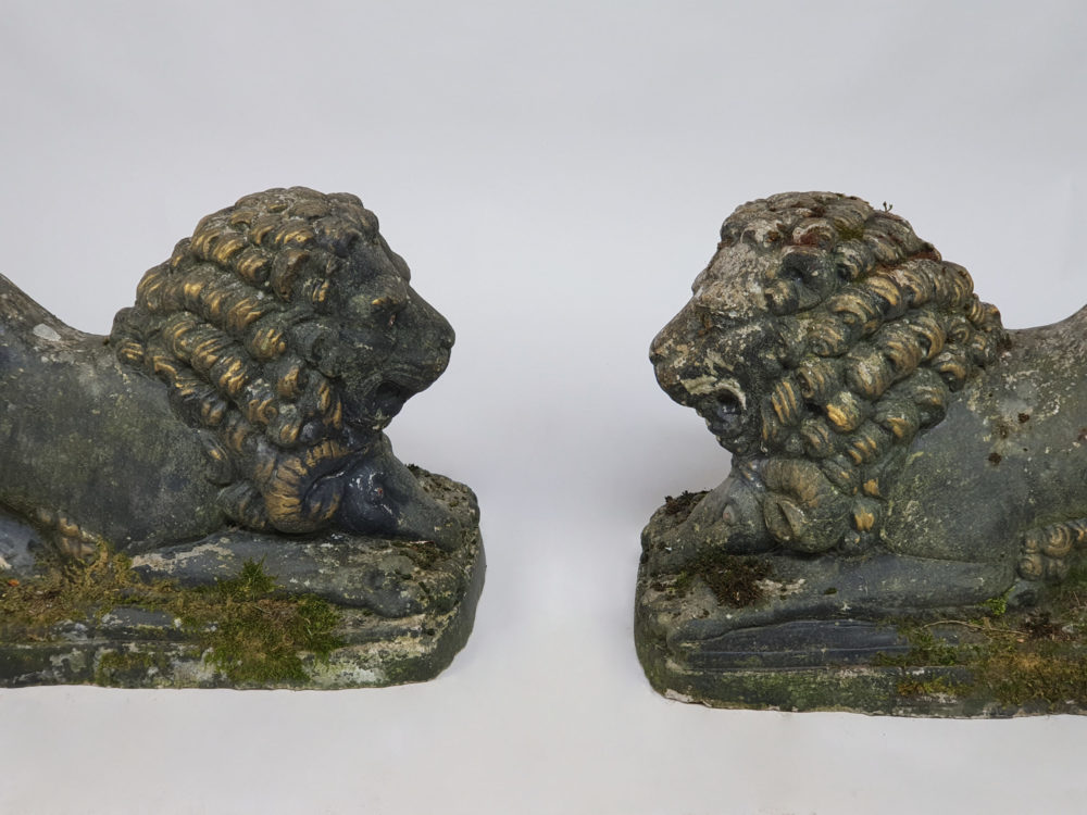 Pair of antique garden Lions with Rams Heads