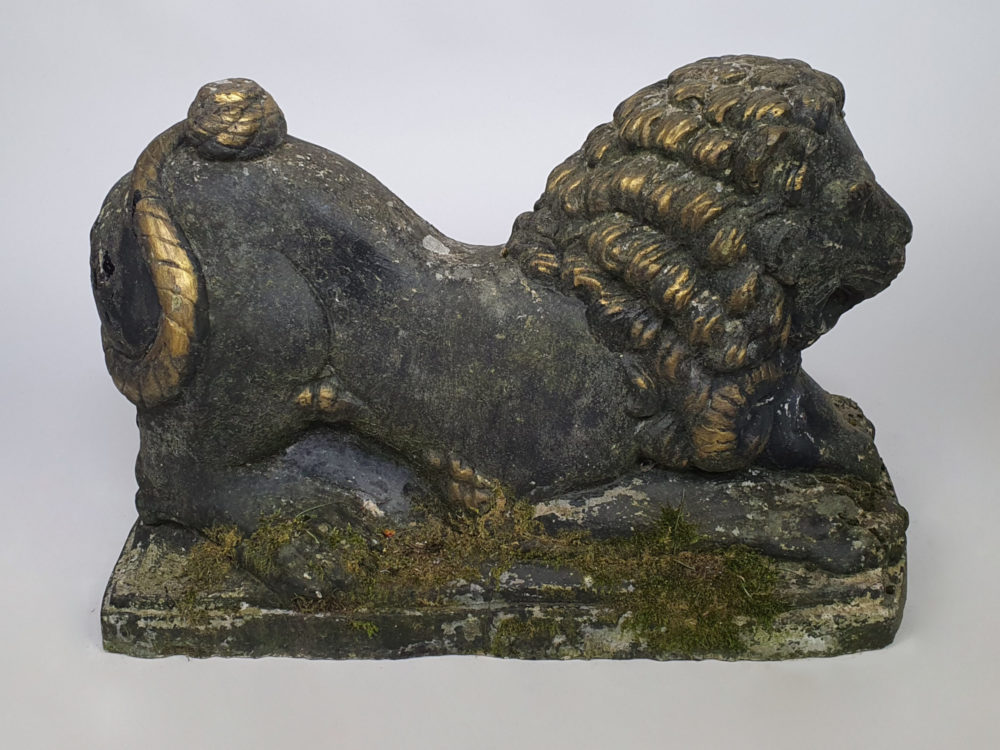 Pair of antique garden Lions with Rams Heads