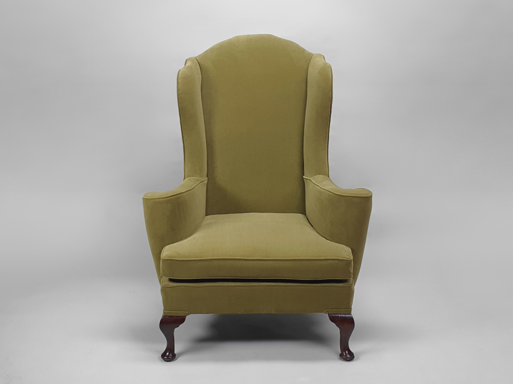 Antique Armchair recovered in green Linwood upholstery velvet