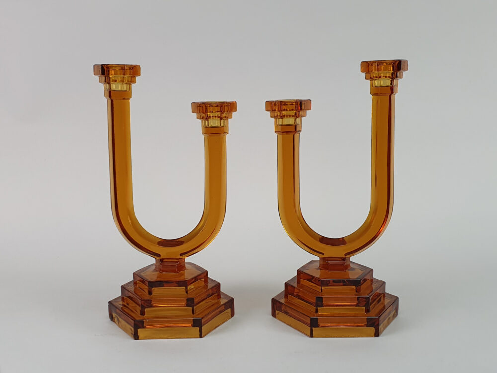 Pair of antique Art Deco amber glass Candlesticks
