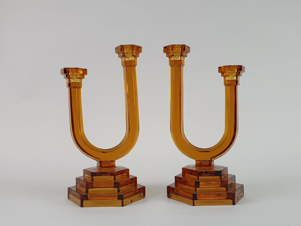 Pair of antique Art Deco amber glass Candlesticks