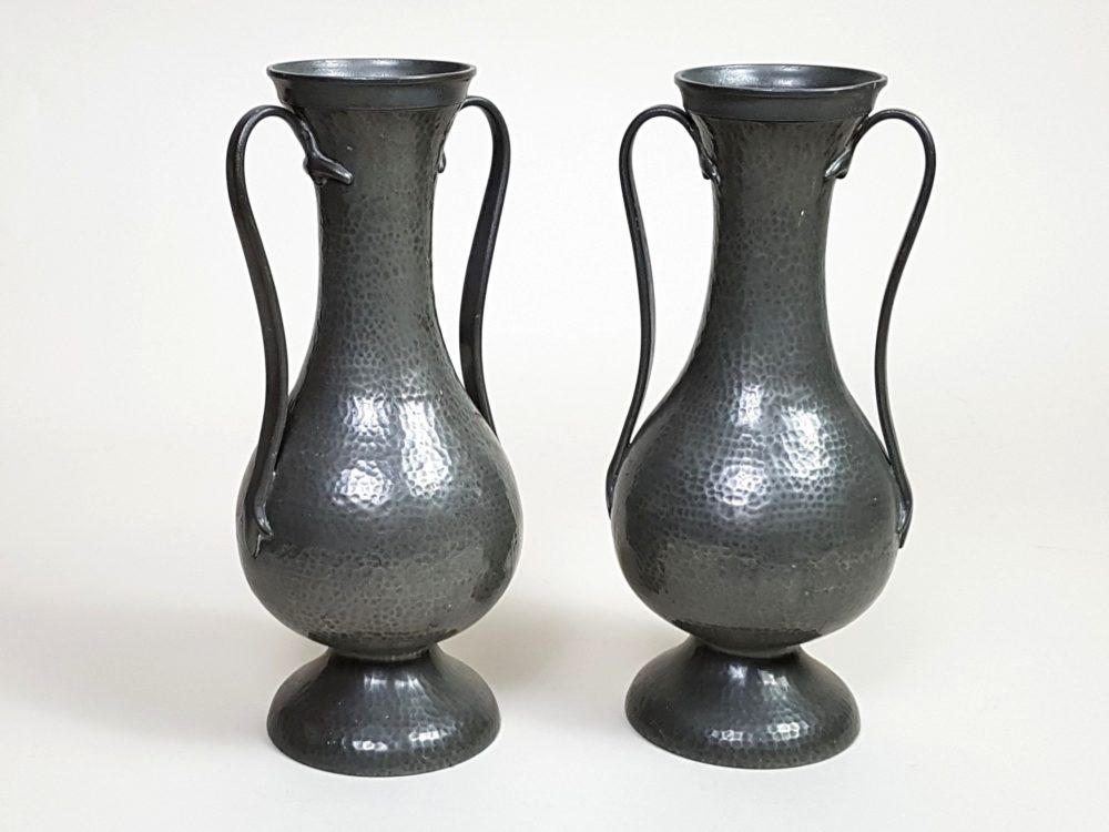 Pair of antique Art Deco beaten pewter tall decorative Vases