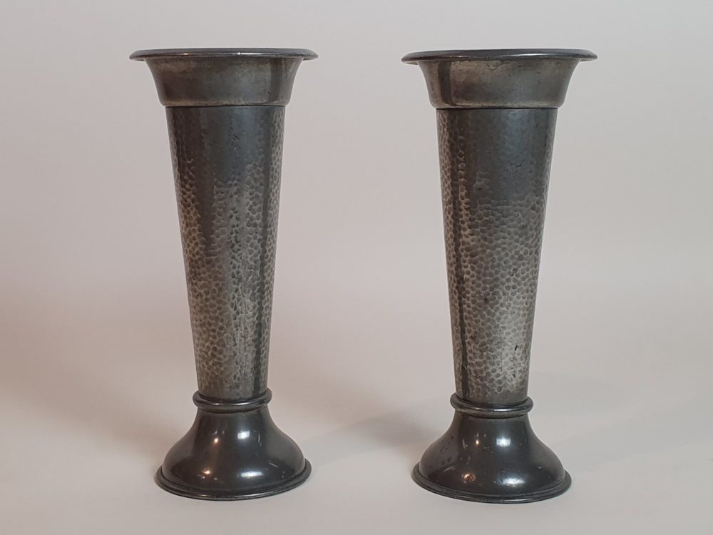 Pair of Hand Beaten Art Deco Pewter Vases