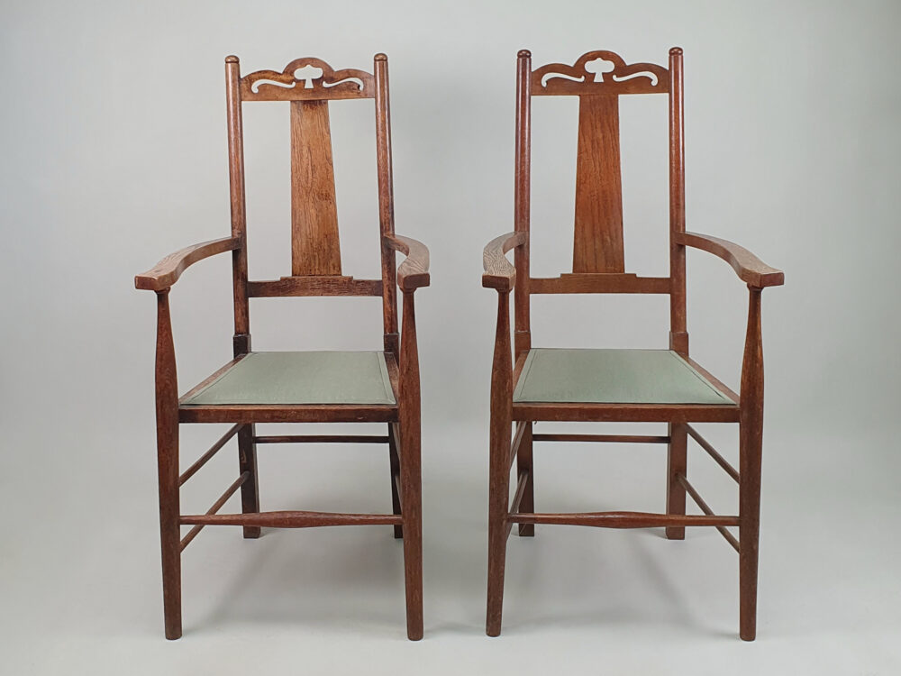 Pair of antique Arts & Crafts oak Carvers or Elbow Chairs