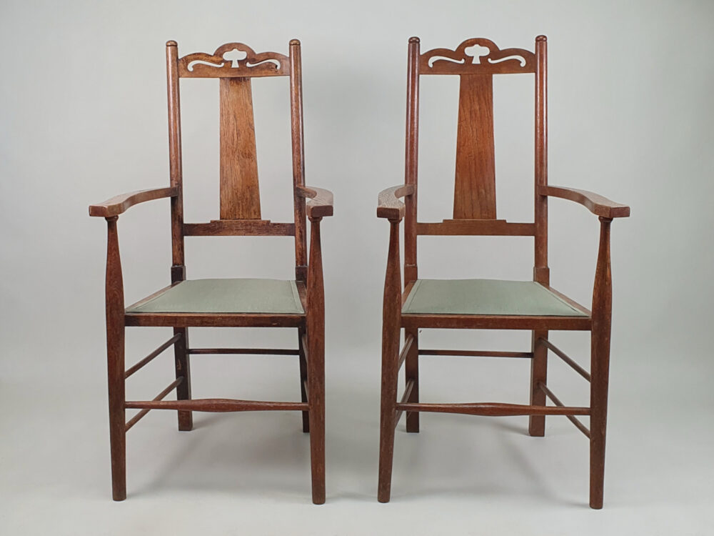 Pair of antique Arts & Crafts oak Carvers or Elbow Chairs