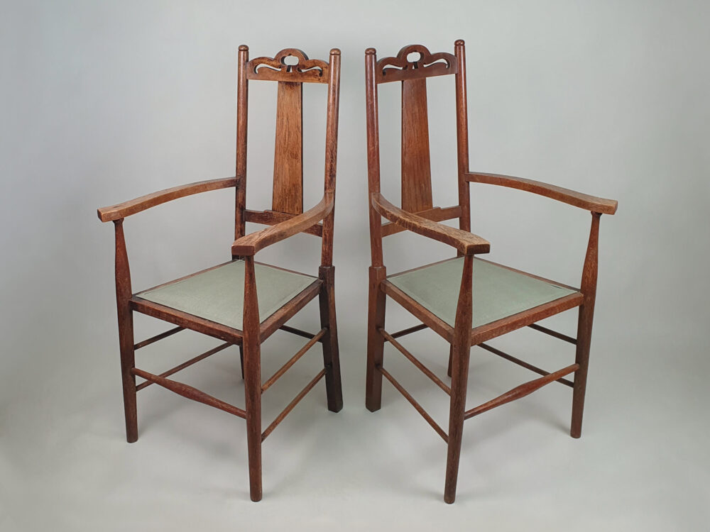 Pair of antique Arts & Crafts oak Carvers or Elbow Chairs