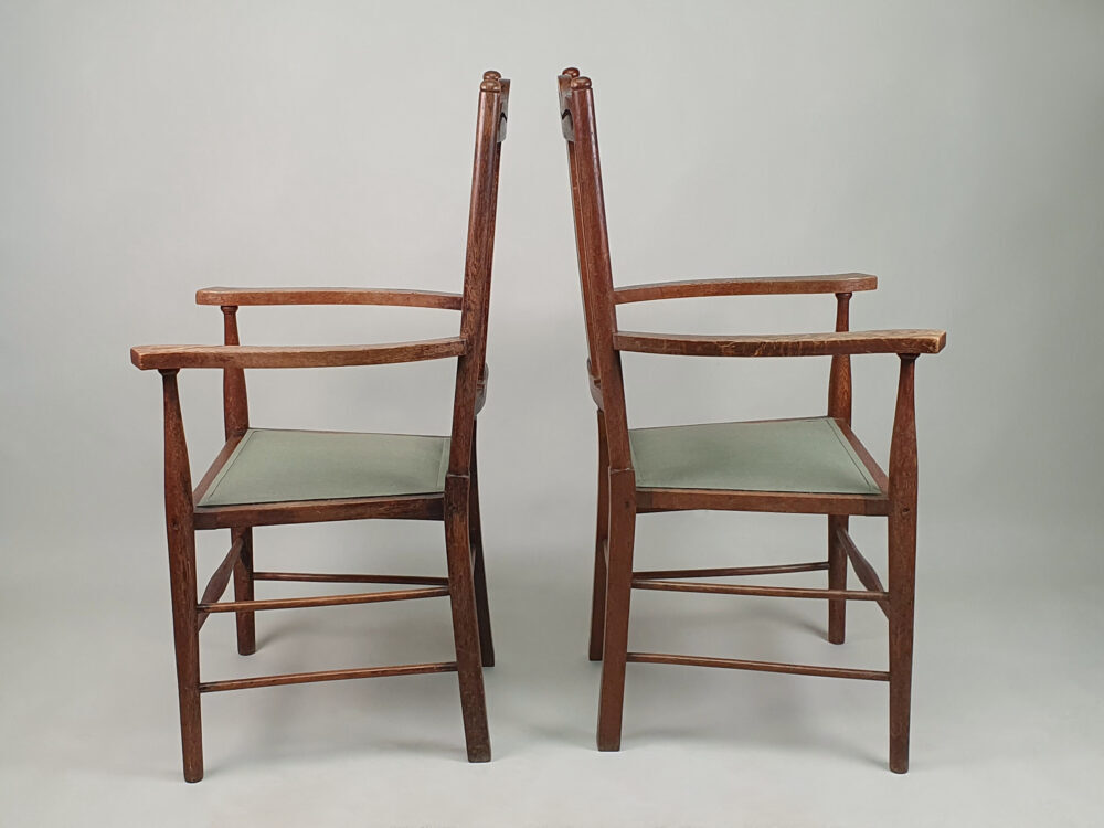 Pair of antique Arts & Crafts oak Carvers or Elbow Chairs