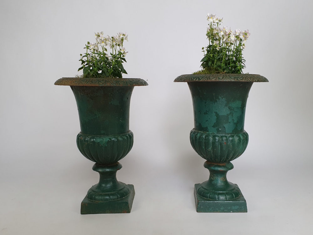 Pair of antique French cast iron Urns with original green paint