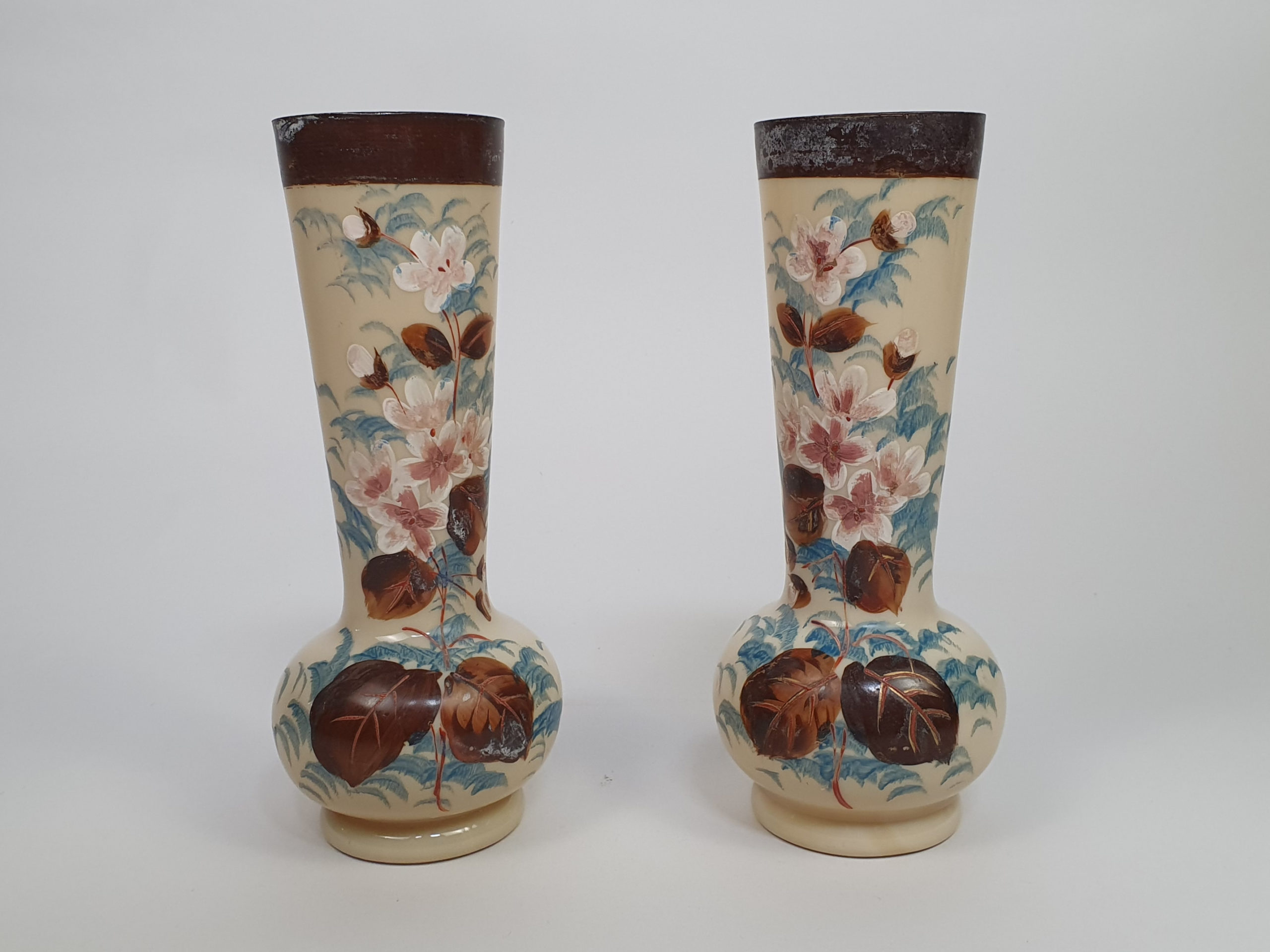 Pair of antique Victorian opaline hand painted Glass Vases