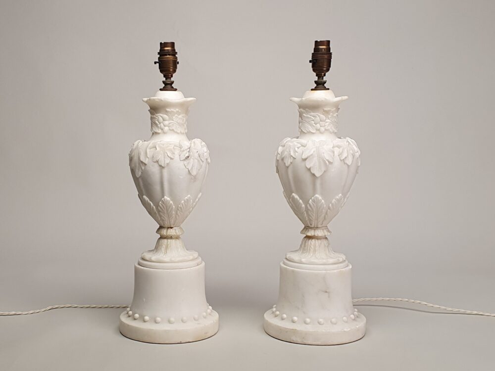 Pair of antique Victorian ornately carved white marble Table Lamps