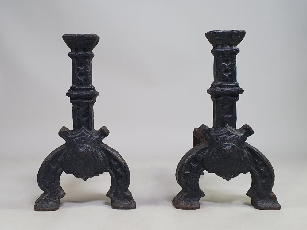 Pair of antique black cast iron fireplace Andirons or Fire Dogs