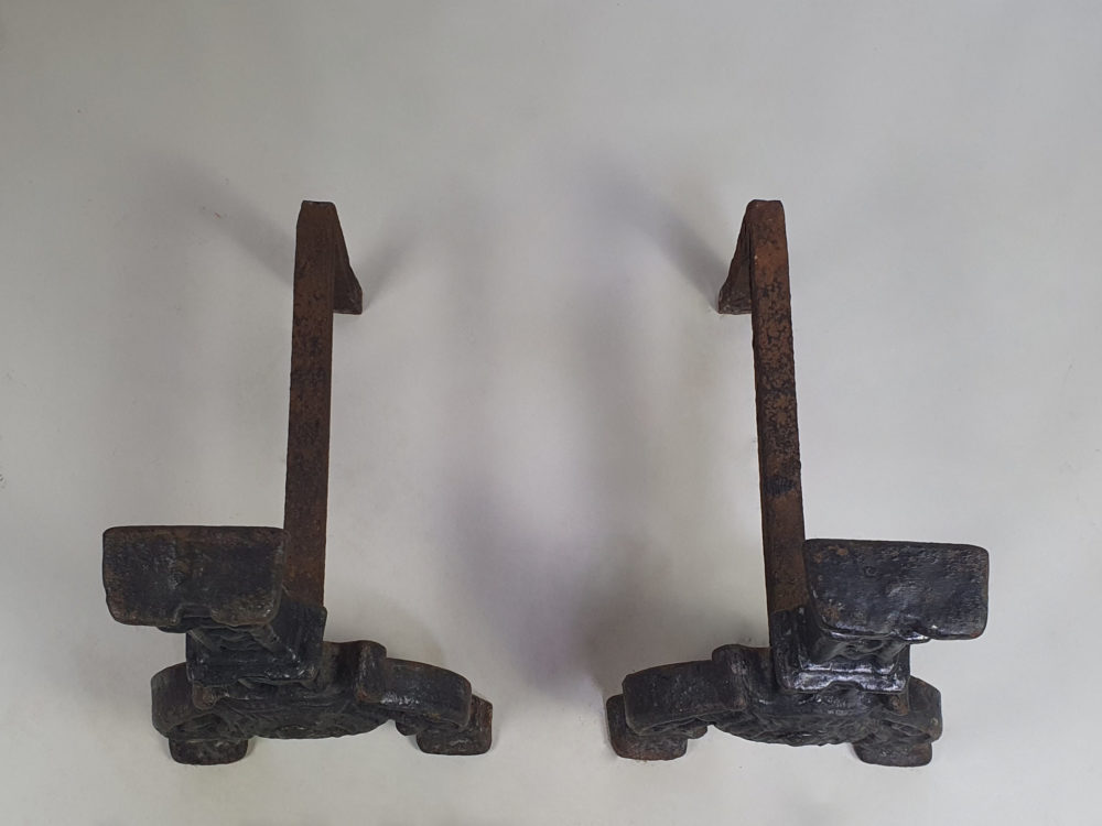 Pair of antique black cast iron fireplace Andirons or Fire Dogs