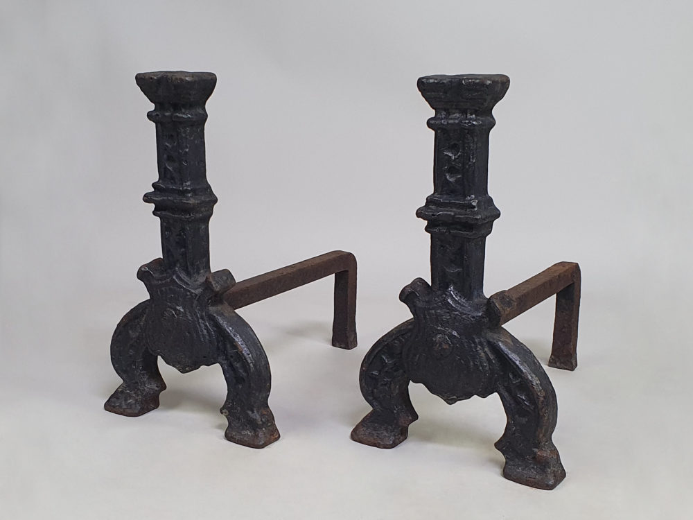 Pair of antique black cast iron fireplace Andirons or Fire Dogs