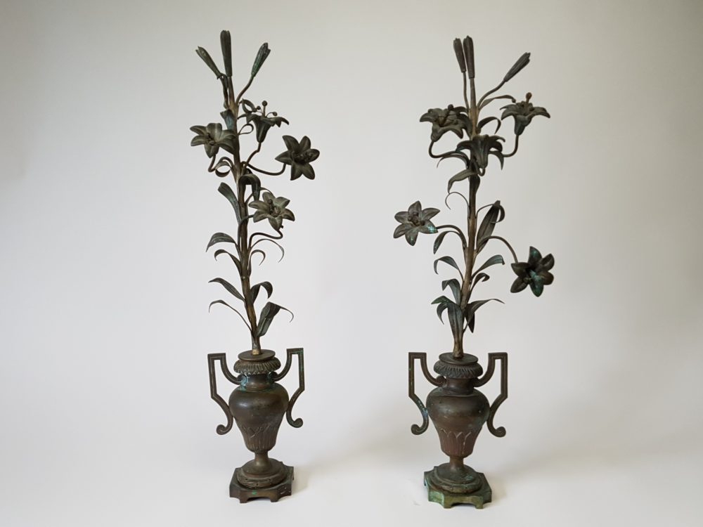 Pair of antique bronze Church flowers in Vases