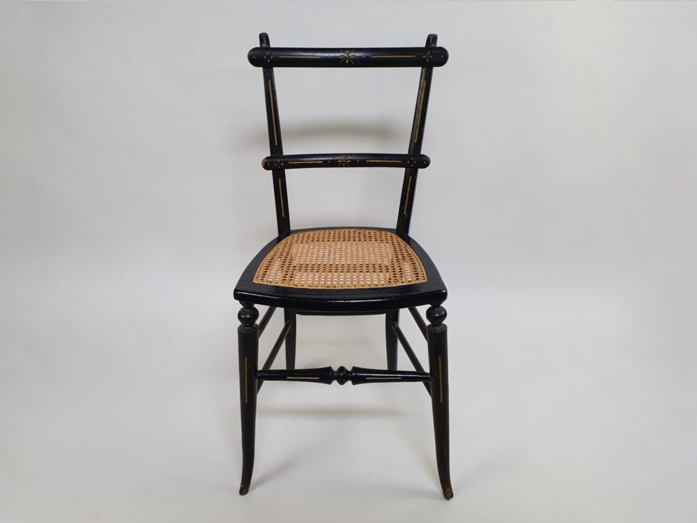 Pair of antique ebonised Aesthetic Movement caned bedroom Chairs