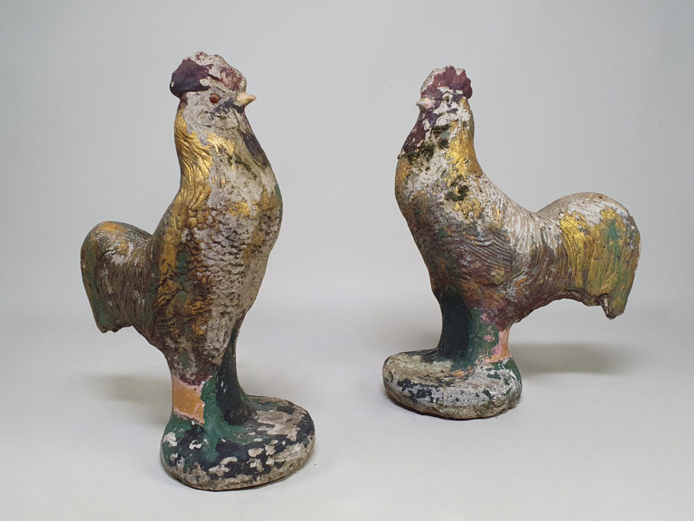 Pair of antique Garden Ornament Cockerels or roosters