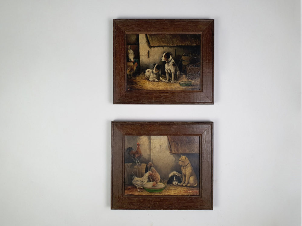 Pair of antique paintings showing Farmyard scenes with Dogs and Chickens