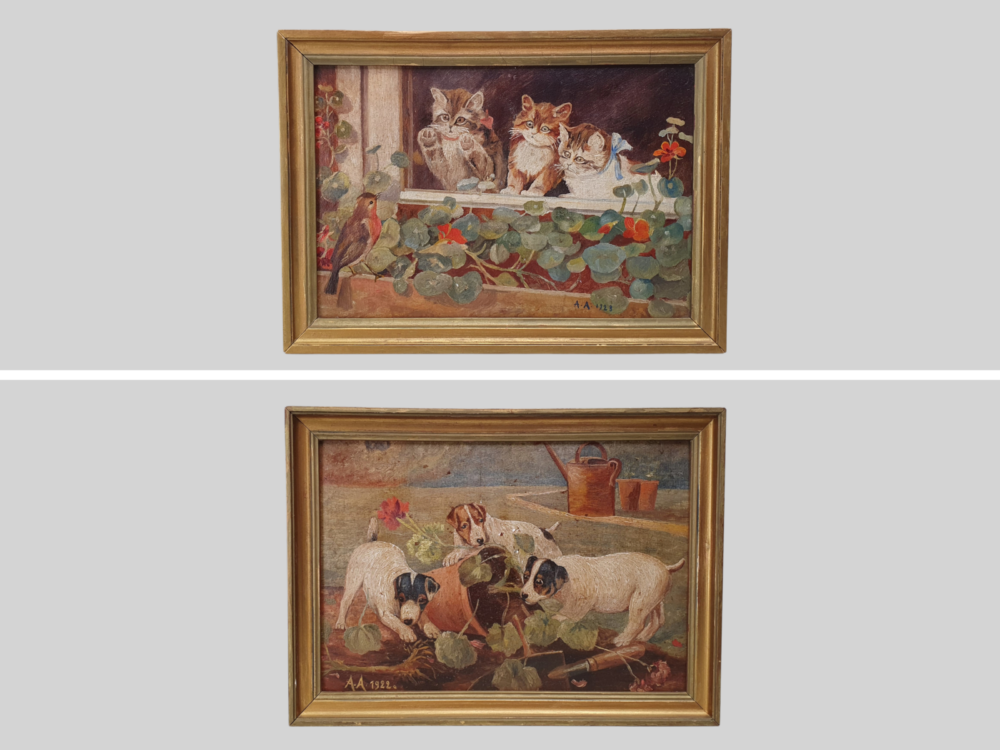 Pair of early 1900s French antique oil Paintings - Cats and Dogs