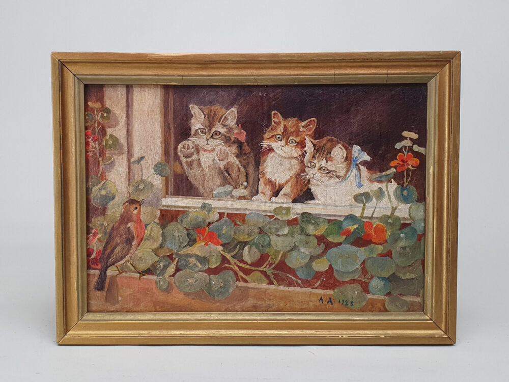 Pair of early 1900s French antique oil Paintings - Cats and Dogs