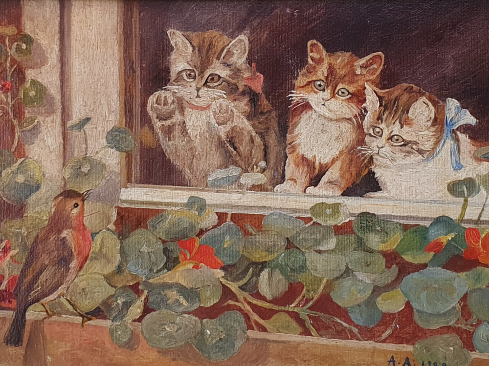 Pair of early 1900s French antique oil Paintings - Cats and Dogs