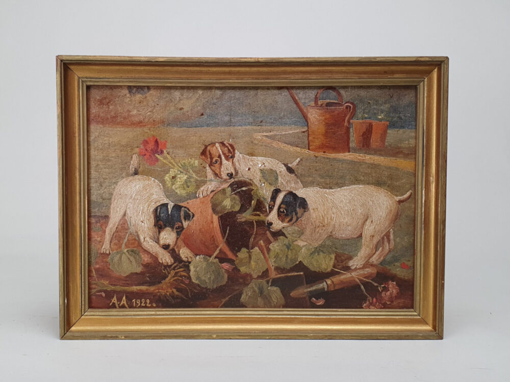 Pair of early 1900s French antique oil Paintings - Cats and Dogs