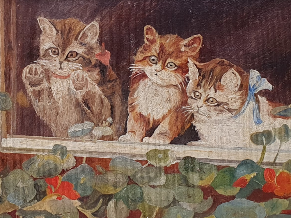 Pair of early 1900s French antique oil Paintings - Cats and Dogs