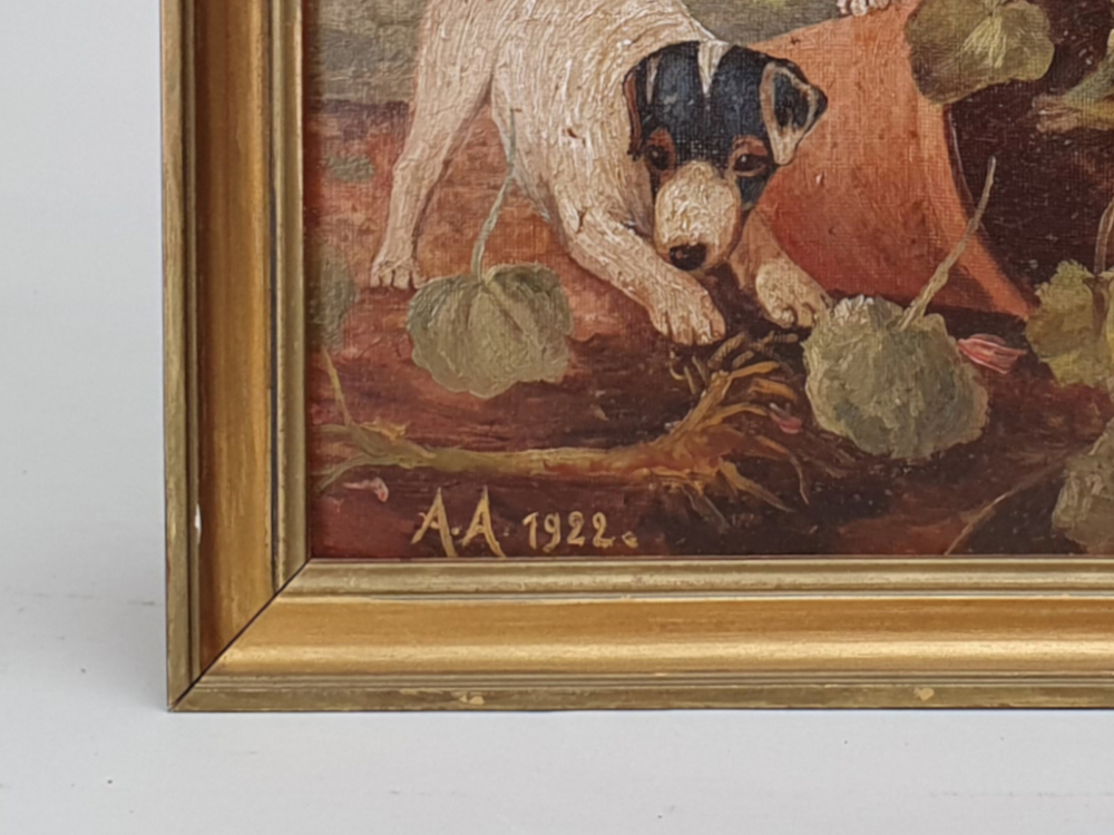 Pair of early 1900s French antique oil Paintings - Cats and Dogs