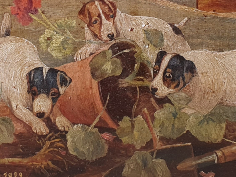 Pair of early 1900s French antique oil Paintings - Cats and Dogs