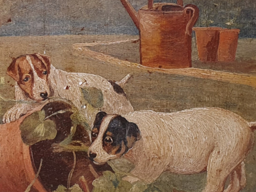 Pair of early 1900s French antique oil Paintings - Cats and Dogs