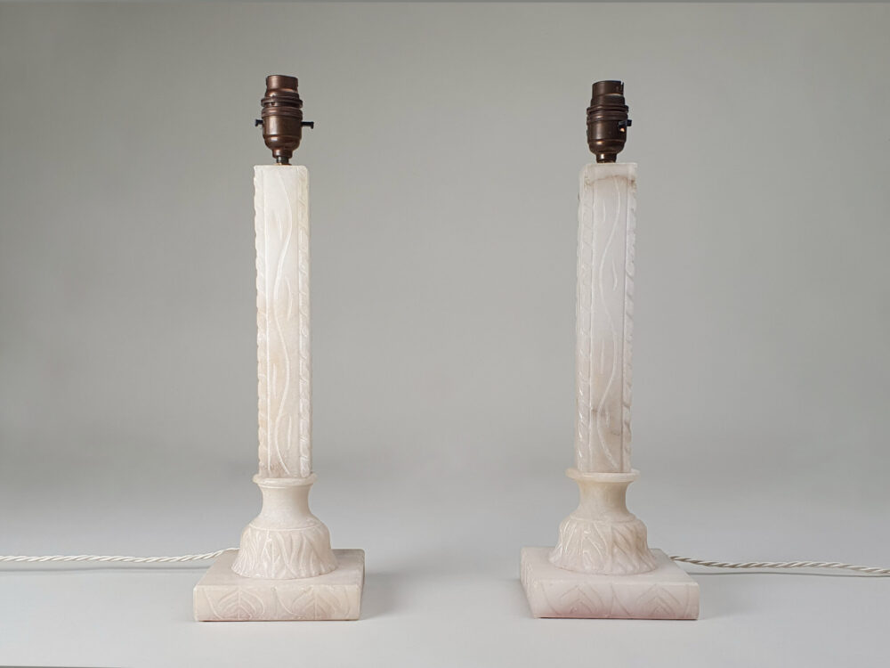 Pair of mid century antique carved column Table Lamps