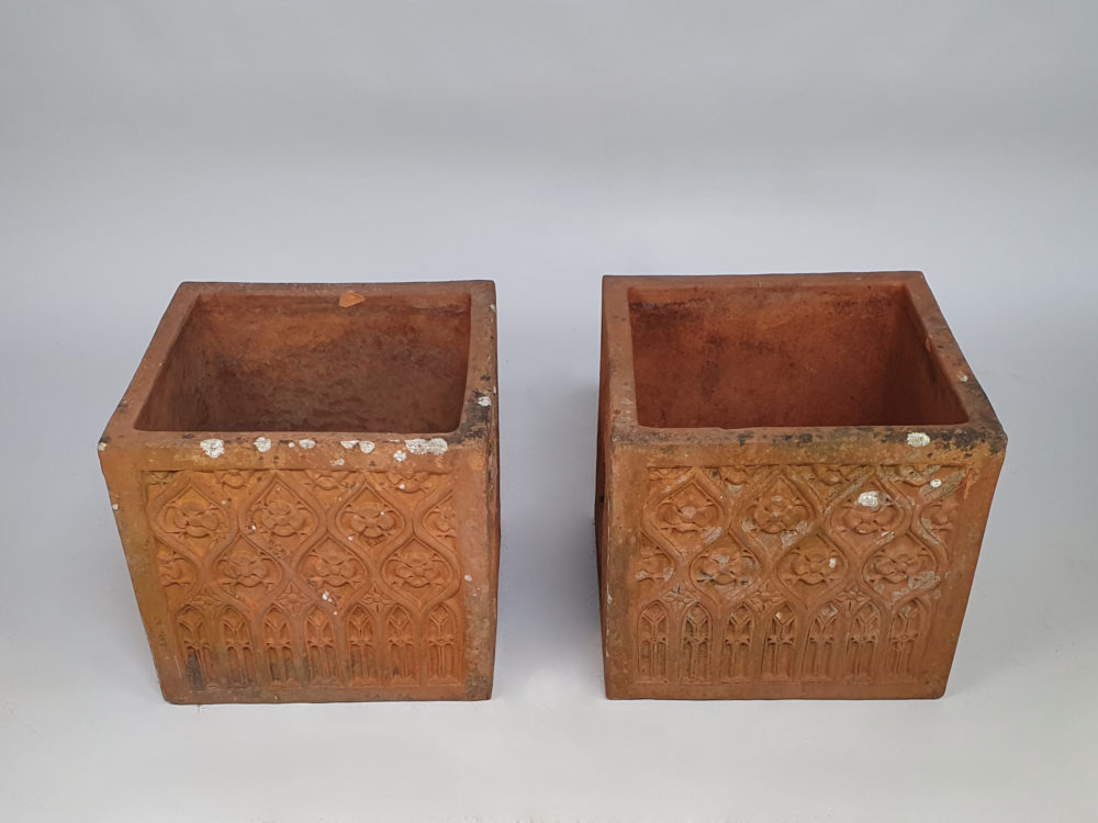 Pair of mid century terracotta gothic style square Garden Planters