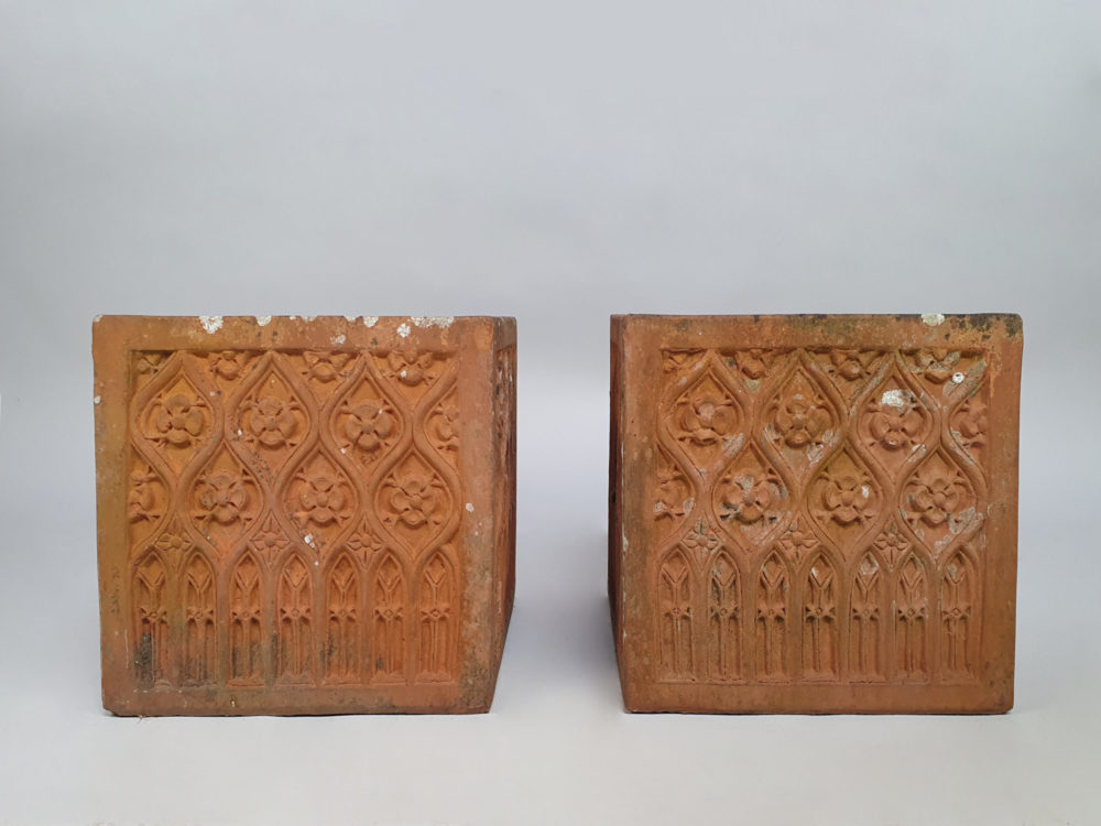 Pair of mid century terracotta gothic style square Garden Planters