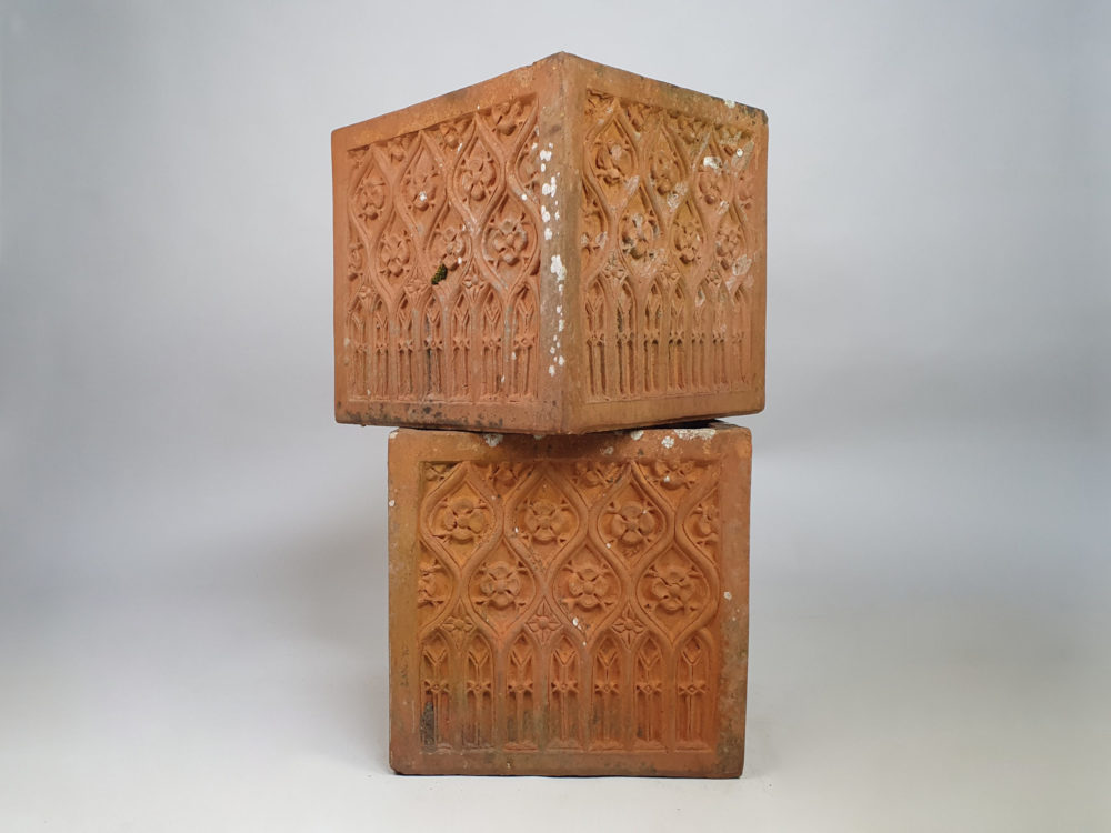 Pair of mid century terracotta gothic style square Garden Planters