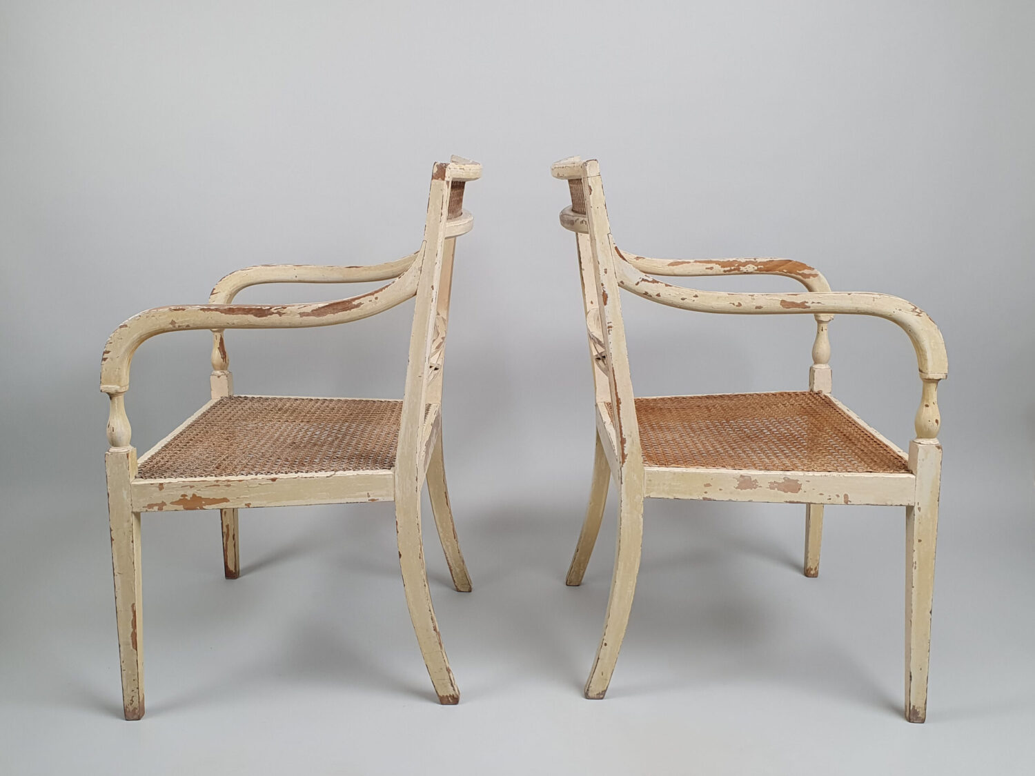 Pair of painted caned Armchairs or Bergères
