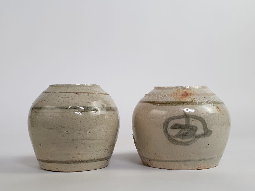 Pair of rustic antique hand painted Ginger Jars