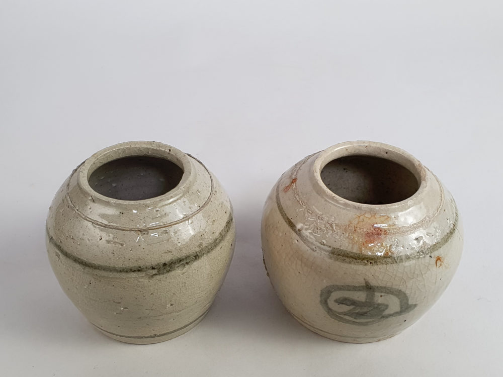 Pair of rustic antique hand painted Ginger Jars