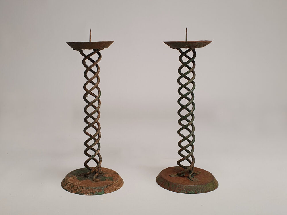 Pair of rustic antique wrought iron Spiral Candlesticks with faint traces of original green paint