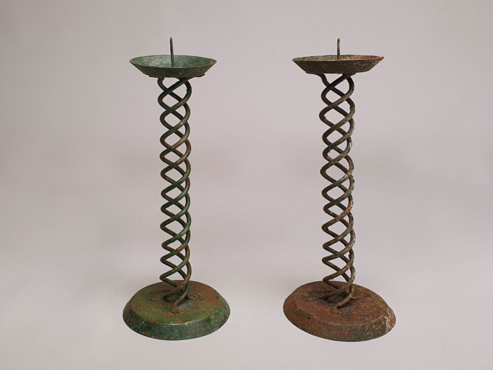 Pair of rustic antique wrought iron Spiral Candlesticks with original green paint