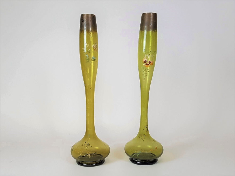 Pair of tall green Victorian hand painted glass Vases