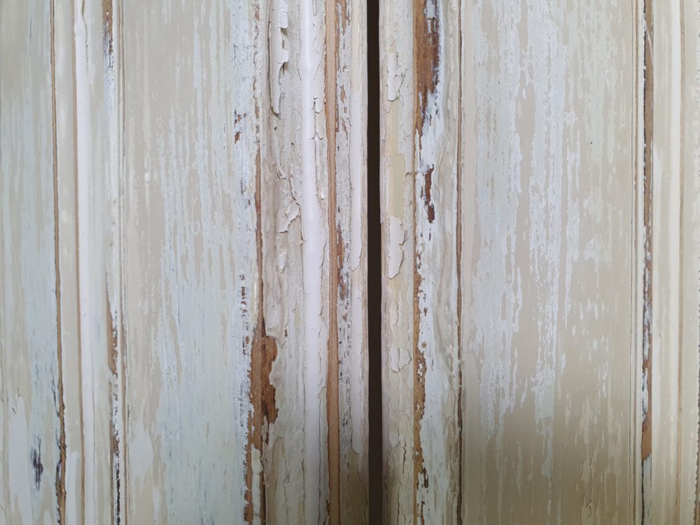 Pair of antique panelled Shutters in original cream paint