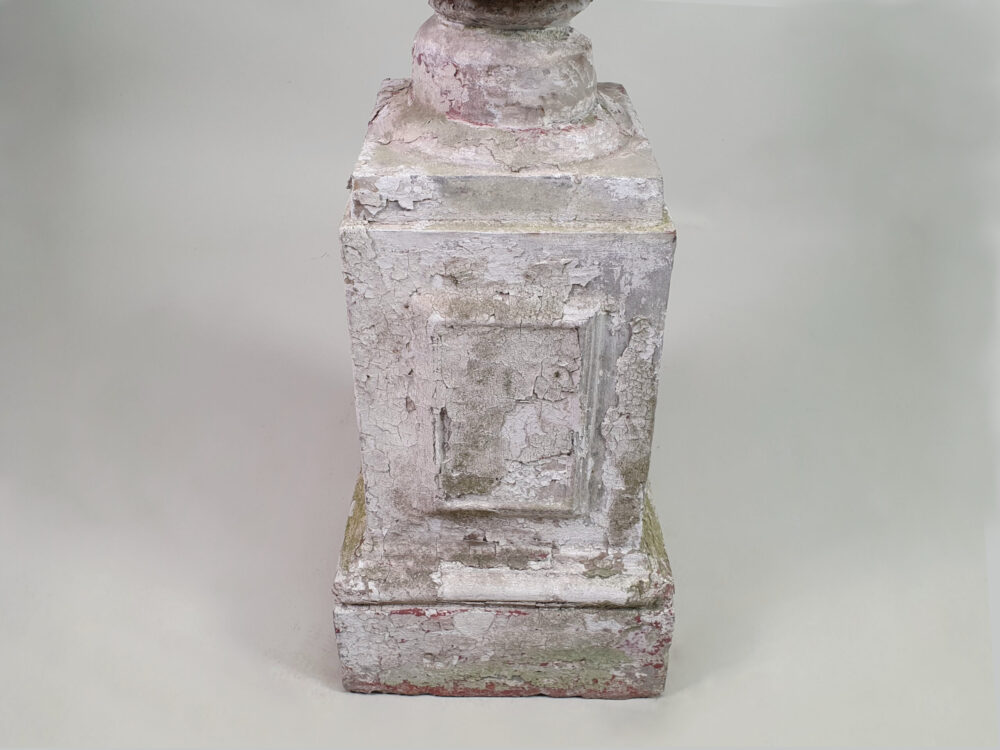 Pair of tall well weathered antique Garden Urns on Plinths