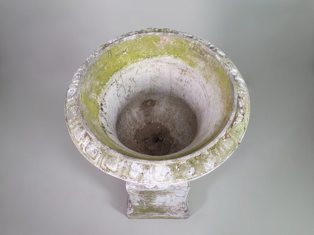 Pair of tall well weathered antique Garden Urns on Plinths