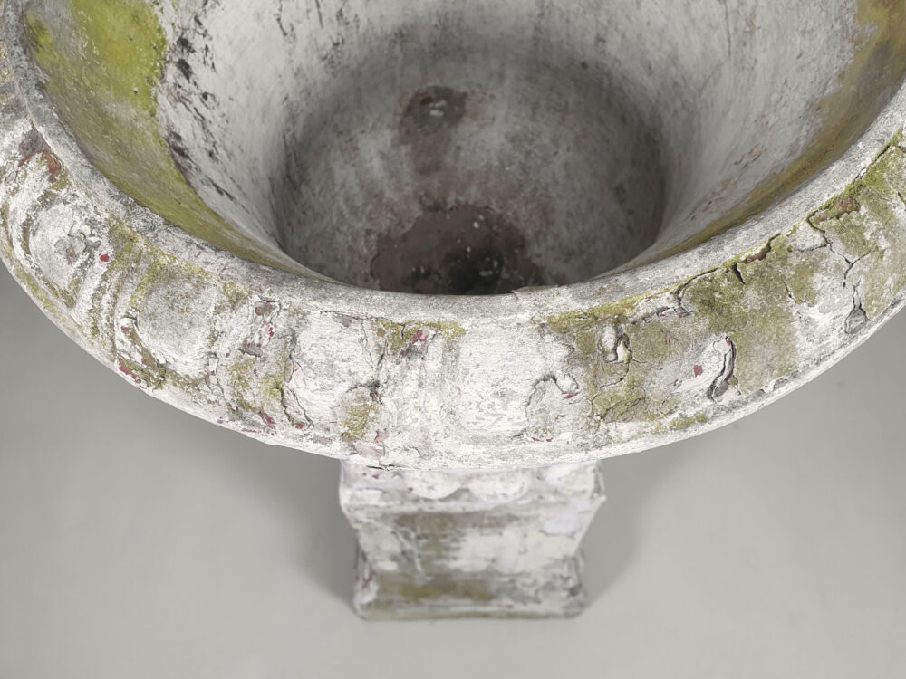 Pair of tall well weathered antique Garden Urns on Plinths