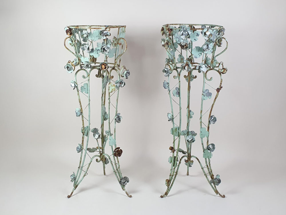 Pair of tall intricately designed  wrought iron Garden Planters with original turquoise paint